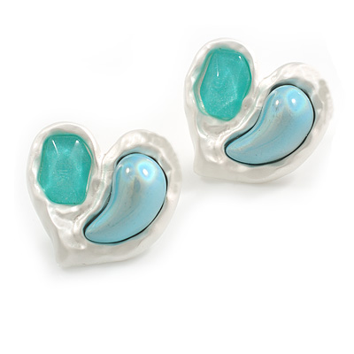 Light Silver Tone with Blue/Aqua Acrylic Bead Assymetric Heart Stud Earrings - 28mm Across - main view
