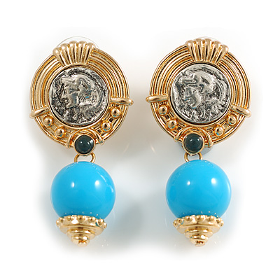 Two Tone Greek Style Round with Blue Bead Drop Earrings - 40mm L