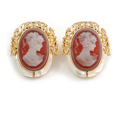 Oval Plum Pink Acrylic Mother Of Pearl Cameo Stud Earrings in Gold Tone - 33mm Tall - main view