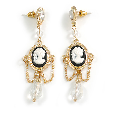 Victorian Style Chain and Beads Cameo Dangle Earrings in Gold Tone - 65mm Long - main view