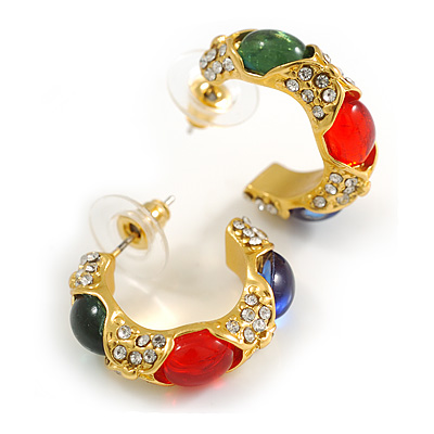 Small Red/Green/Blue Crystal Half Hoop Earrings in Gold Tone - 23mm Diameter - main view