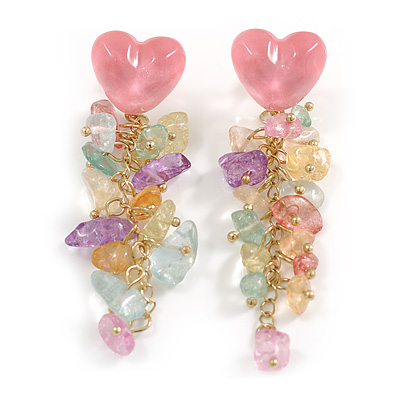 Romantic Pink Acrylic Heart with Glass Charm on Gold Chain Dangle Earrings (Multicoloured) - 75mm L