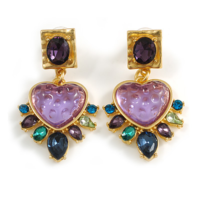 Statement Acrylic/Crystal Heart Drop Earrings in Gold Tone (Purple/Teal/Green Colours) - 50mm Long - main view