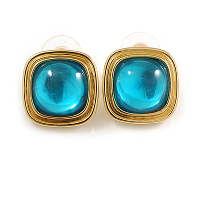 18mm Tall/ Square Shaped Light Blue Stone Stud Earrings in Gold Tone - main view