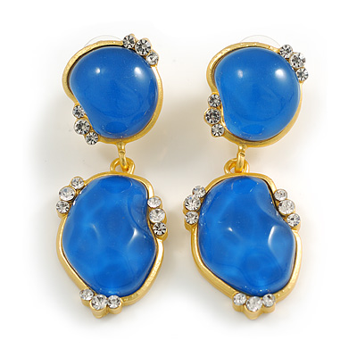 Blue Acrylic/Glass Beaded Drop Earrings in Gold Tone - 50mm Long - main view
