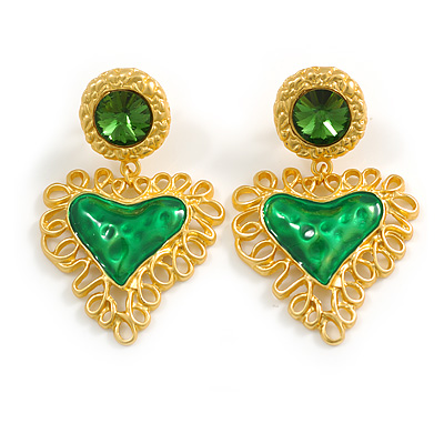 Statement Large Green Hammered Heart Drop Earrings in Bright Gold Tone - 60mm Long - main view