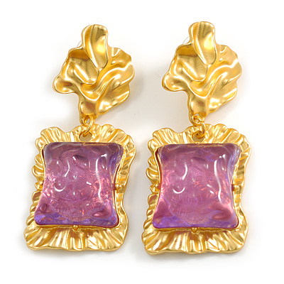 Statement Large Square Dimentional Purple Acrylic Bead Drop Earrings in Gold Tone - 65mm Long/ 20g per earring - main view