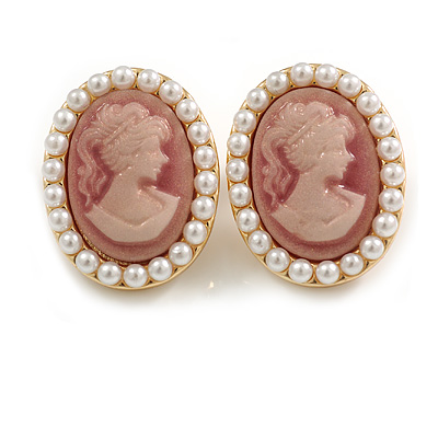 Oval Pink Acrylic Cameo with Pearl Detailing in Gold Tone - 22mm Tall - main view