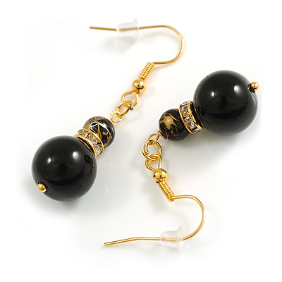 Black/Gold Glass Double Bead with Crystal Ring Drop Earrings in Gold Tone - 45mm Long - main view