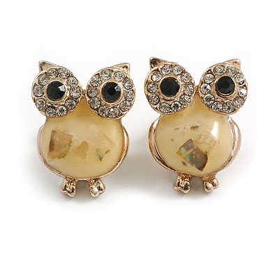 Vintage Inspired Crystal Owl Stud Earrings in Gold Tone -18mm Tall