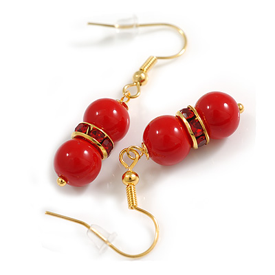8mm/ Glass Bead with Crystal Ring Red Coloured Drop Earrings in Gold Tone - 40mm Long