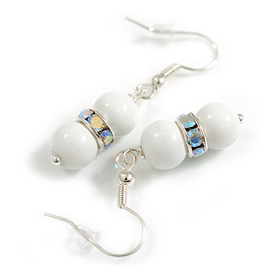Small White Glass Bead with AB Crystal Ring Drop Earrings in Silver Tone - 40mm Long - main view