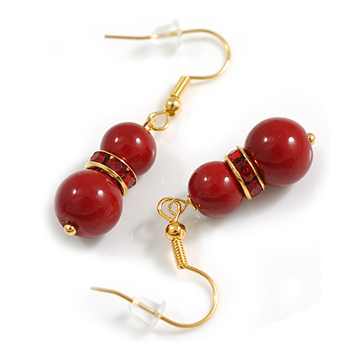 Small Red Glass Bead with Siam Red Crystal Ring Drop Earrings in Gold Tone - 40mm Long
