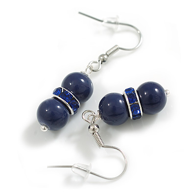 Small Dark Blue Glass Bead with Blue Crystal Ring Drop Earrings in Silver Tone - 40mm Long - main view