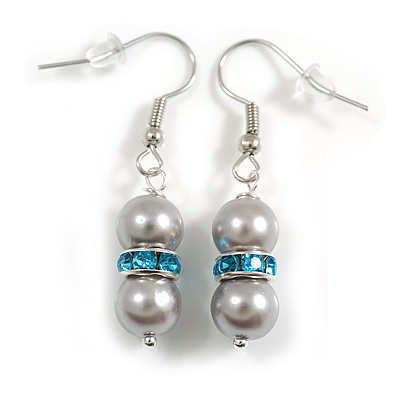 Small Light Grey Glass Bead with Blue Crystal Ring Drop Earrings in Silver Tone - 40mm Long - main view