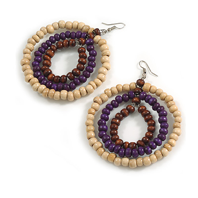 70mm Diameter/Oversized Triple Hoop Wood Bead Earrings in Natural/Purple/Brown Colours - 90mm Long