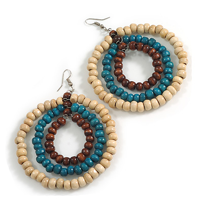 70mm Diameter/Oversized Triple Hoop Wood Bead Earrings in Natural/Turquoise/Brown Colours - 90mm Long