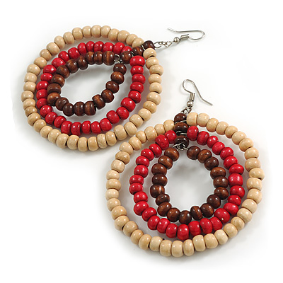 70mm Diameter/Oversized Triple Hoop Wood Bead Earrings in Natural/Red/Brown Colours - 90mm Long