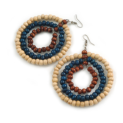70mm Diameter/Oversized Triple Hoop Wood Bead Earrings in Natural/Blue/Brown Colours - 90mm Long