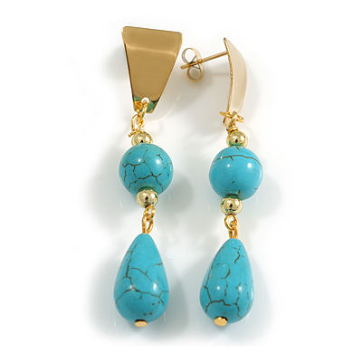 Turquoise and Gold Bead Drop Long Earrigns in Gold Tone - 60mm Long