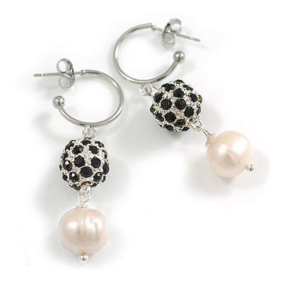 15mm D/Small Hoop with Black Crystal White Freshwater Pearl Drop Earrings -  45mm Long - main view