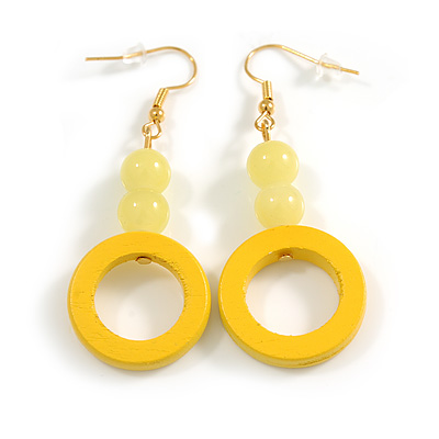 Yellow Wood Ring and Glass Bead Drop Earrings in Gold Tone - 60mm Long