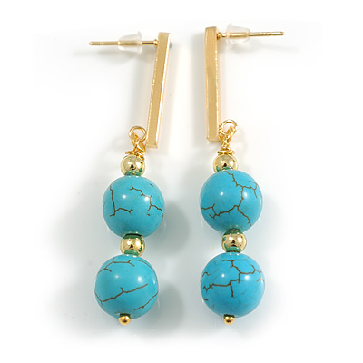 Turquoise Stone with Gold Tone Bar Drop Earrings - 50mm Long
