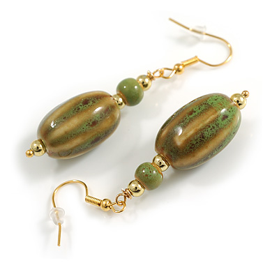Olive Green Ceramic Bead Drop Earrings in Gold Tone - 55mm Long