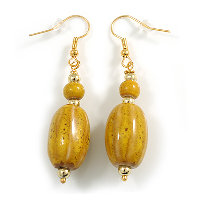 Antique Yellow Ceramic Bead Drop Earrings in Gold Tone - 55mm Long