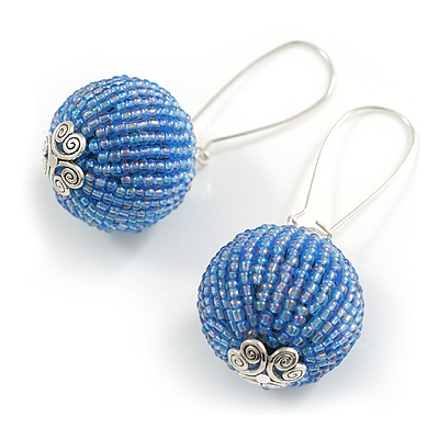 Chunky Light Blue Glass Round Bead with Kidney Wire Closure/Kidney Earrings Hook Earrings in Silver Tone - 60mm Long