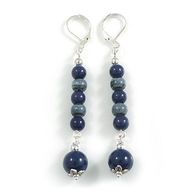 Dark Blue/Light Blue Ceramic Bead Linear Drop Earrings in Silver Tone With Leverback Closure - 75mm Long