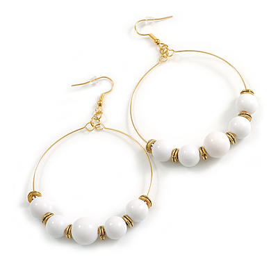 55mm D/White Acrylic Bead Large Hoop Earrings in Gold Tone - 80mm Long