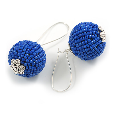 Chunky Blue Glass Round Bead with Kidney Wire Closure/Kidney Earrings Hook Earrings in Silver Tone - 60mm Long
