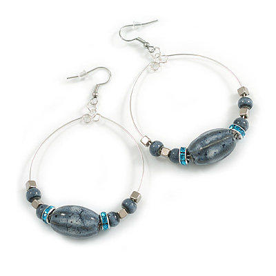50mm D/ Large Grey Ceramic Bead with Blue Crystal Rings Hoop Earrings in Silver Tone - 80mm L