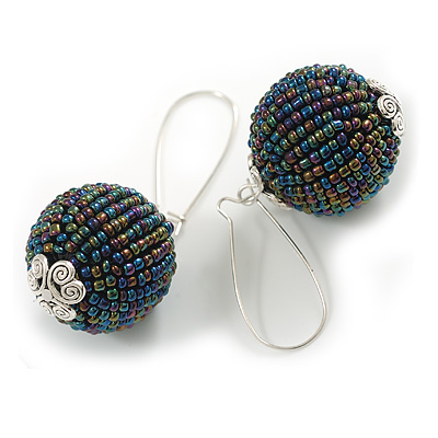 Chunky Peacock Glass Round Bead with Kidney Wire Closure/Kidney Earrings Hook Earrings in Silver Tone - 60mm Long
