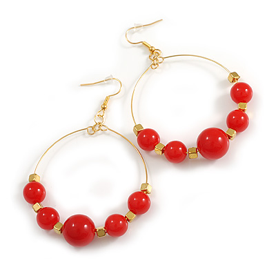 Large Bright Red Acrylic Bead with Square Spacers Hoop Earrings in Gold Tone - 75mm Long