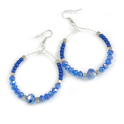 Blue Glass Bead Large Hoop Earrings in Silver Tone - 80mm Long