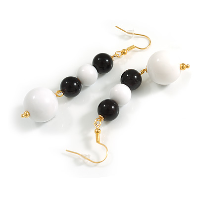 White/Black Acrylic Bead Drop Earrings in Gold Tone - 70mm Long