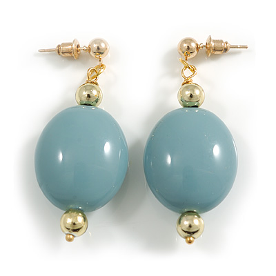 Oval Grey Acrylic Bead with Gold Tone Spacers Drop Earrings - 50mm Long