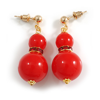 Bright Red Acrylic Bead with Ruby Red Crystal Ring Drop Earrings in Gold Tone - 40mm Long