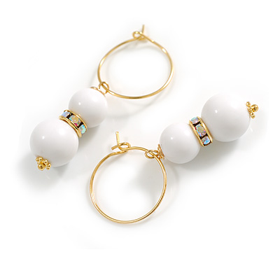 20mm D/ Small Gold Tone Hoop Earrings with White Acrylic Bead Dangle - 45mm Total Drop