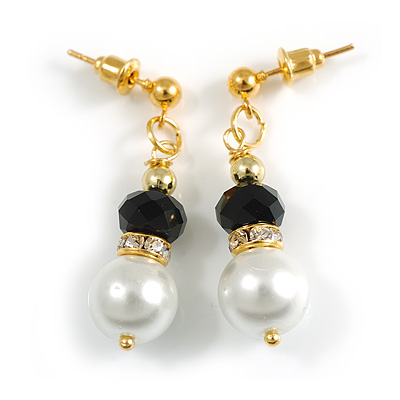 White/Black Bead with Crystal Ring Drop Earrings in Gold Tone - 35mm Long