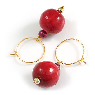 20mm D/ Small Gold Tone Hoop Earrings with Red Wooden Bead Dangle - 45mm Total Drop
