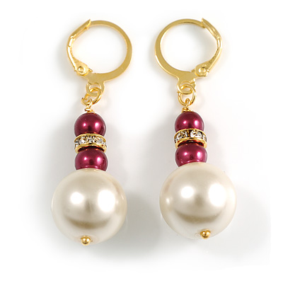Cream/Raspberry Acrylic Bead with Crystal Ring Drop Earrings in Gold Tone - 45mm Long