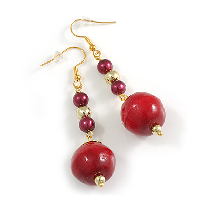 Raspberry/Gold Wooden and Acrylic Bead Dangle Long Earrings - 65mm