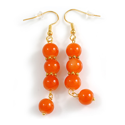 Orange Glass Bead Drop Earrings in Gold Tone - 60mm Long