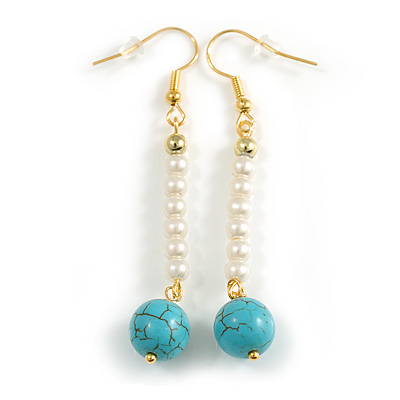Faux Pearl Turquoise Bead Linear Drop Earrings in Gold Tone - 65mm Long