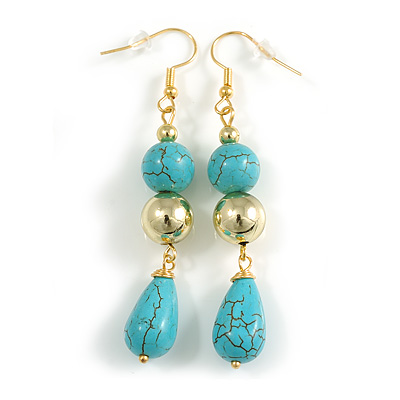Long Turquoise and Gold Bead Drop Earrigns in Gold Tone - 70mm