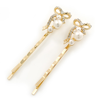 Pair Of Clear Crystal, Simulated Pearl Bow Hair Slides In Gold Plating - 55mm Length - main view