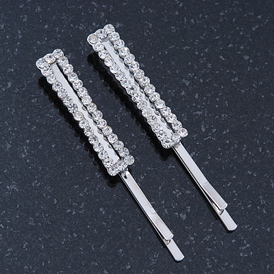 Pair Of Clear Swarovski Crystal Square Hair Slides In Rhodium Plating - 55mm Length - main view